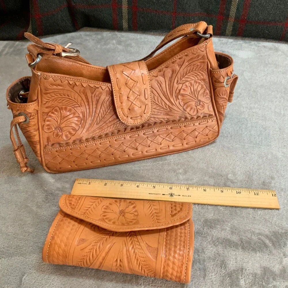 American West Hand Tooled Leather Bag and Wallet Set Tan Floral Cottagecore